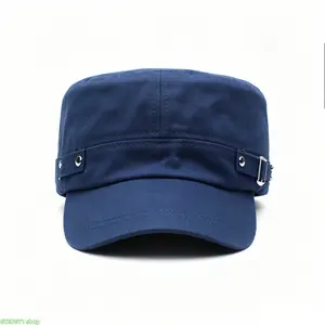 Unisex Washed Cotton Plain Cadet Flat Cap - Side Metal Buckle, Adjustable Military-Style, Curved Brim, Lightweight 1-Size Bag Accessory for Casual Street Use