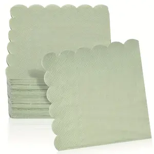 100pcs Scalloped Edge Cocktail Paper Napkin, 2-Ply Sage Green Dessert Napkins Folded 5 X 5 Inches Disposable Gradient Color Paper Napkins for Bar Dinner Wedding Birthday Party Decoration Disposable Tableware