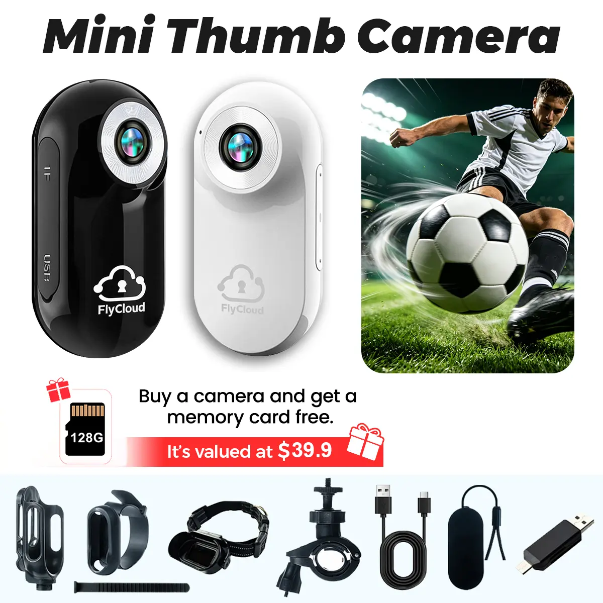 flycloud A100 1080p Video Camera Mini Camcorder - 128GB Small Magnetic Clip Thumb Recorder with LCD Screen, Long Battery, TF/Micro SD Card, Cap Clip, Bike Mounts, USB, Back Attachment for Hands-Free POV Vlog, Cycling Monitoring