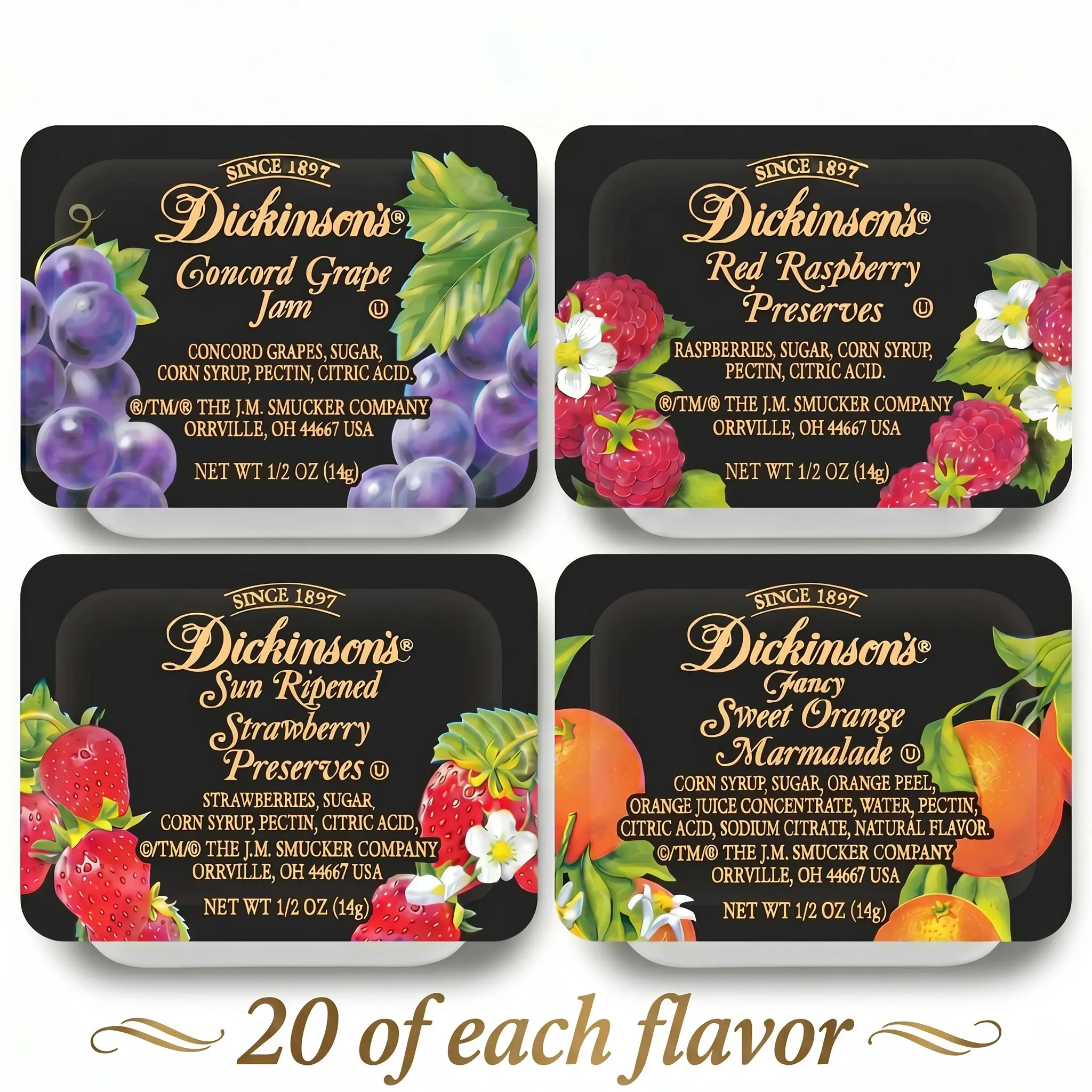 Dickinson's Jam Variety Pack 80 Count, 4 Flavors Jam, Marmalade and Preserves Assortment