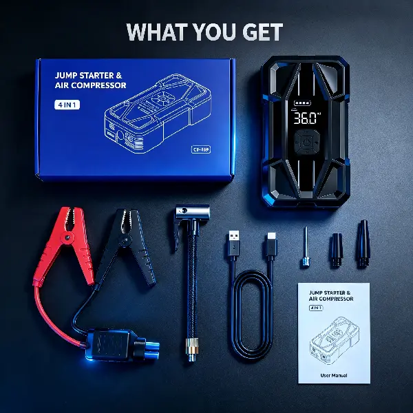 Upgraded Compact 4-in-1 Multi-Function Car Battery Booster Jump Starter, Built-in 150PSI Digital Tire Air Compressor, 12V Portable Power Bank with LED Light, Outdoor Automotive Emergency Tool for Car Roadside Repairs with Complete Certification situation
