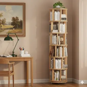 Solid Wood Rotating Bookshelf, 6-Tier 360° Spinning Round Bookcase on Wheels, Narrow Rolling Bookshelf Tower for Kids, Bedroom, Office, Small Space