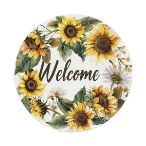 2D Flat, 1pc 8'’ Round Aluminum "Welcome" Sunflower Wreath Metal Sign.Bright Floral Design, Pre-drilled Holes, Suitable for Porch, Entryway, Living Room.Durable Weather-Resistant Decor, Cheerful Gift for Summer & Garden Lovers