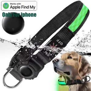 Rechargeable LED Airtag Pet Dog Tracker Collar, Led Safety Light, Smart Mini Tracker for Apple Find My iOS, USB PD Charging, Qr Code Dog Tag Holder