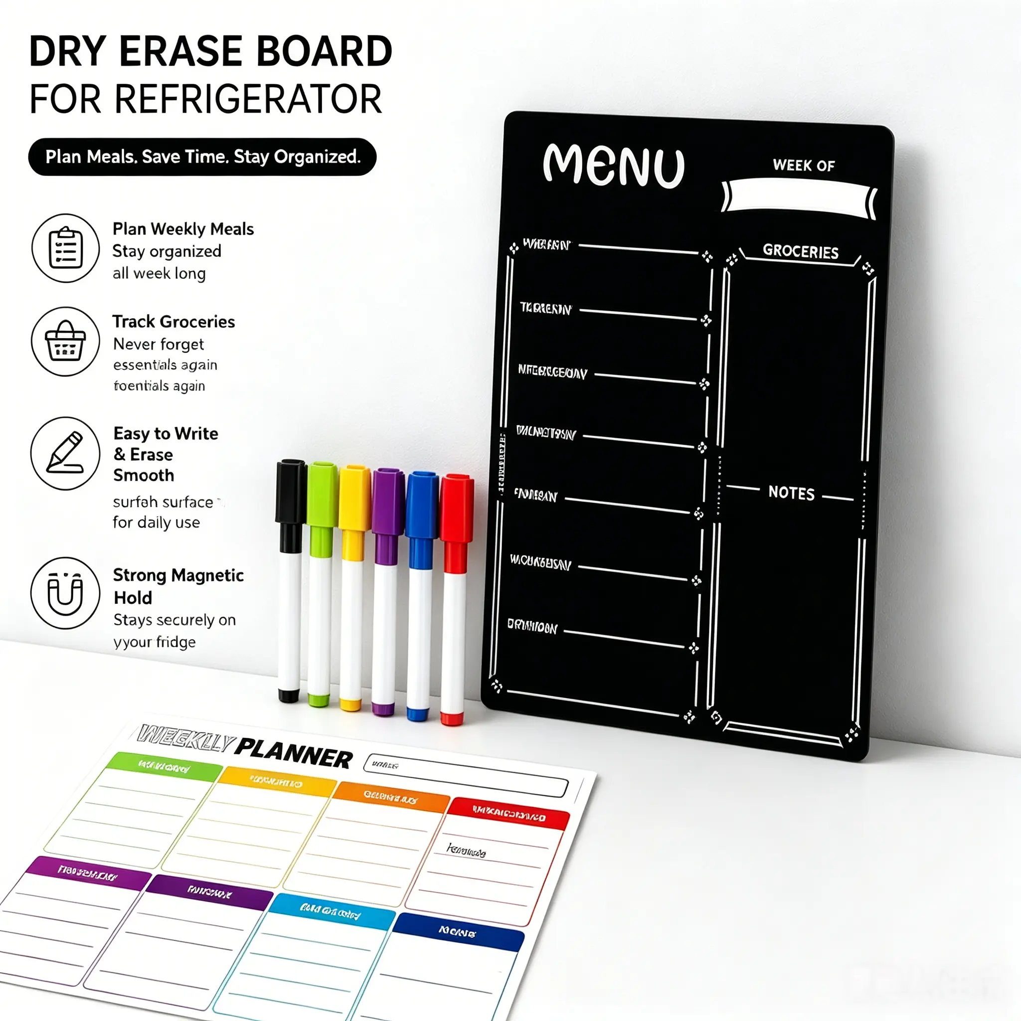Magnetic Dry Erase Meal Planner Board for Refrigerator Weekly Menu Organizer with 6 Markers