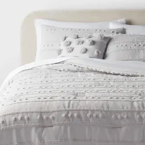 8pc King Clipped Stripe Poms Comforter and Sheet Set Gray - Threshold