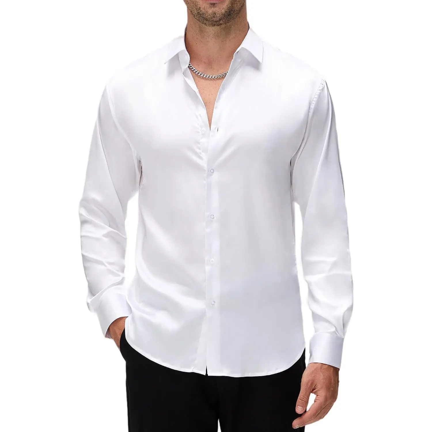 Mens Luxury Satin Dress Shirt Silk Shiny Sateen Party Shirt Gift