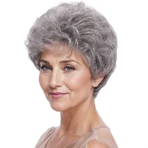 Old Lady Short Curly Grey Wig with Bangs Natural Looking Pixie Cut Hairstyle Heat Resistant Replacement Hair Wig for Older Women Mommy Costume Granny Outfits Wigs