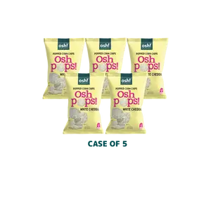 OSH! Oh So Healthy Baked Popped Corn Chips White Cheddar. The case includes 5x80g  packs! 5x White Cheddar. Never fried. Your go to Guilt free Snack.