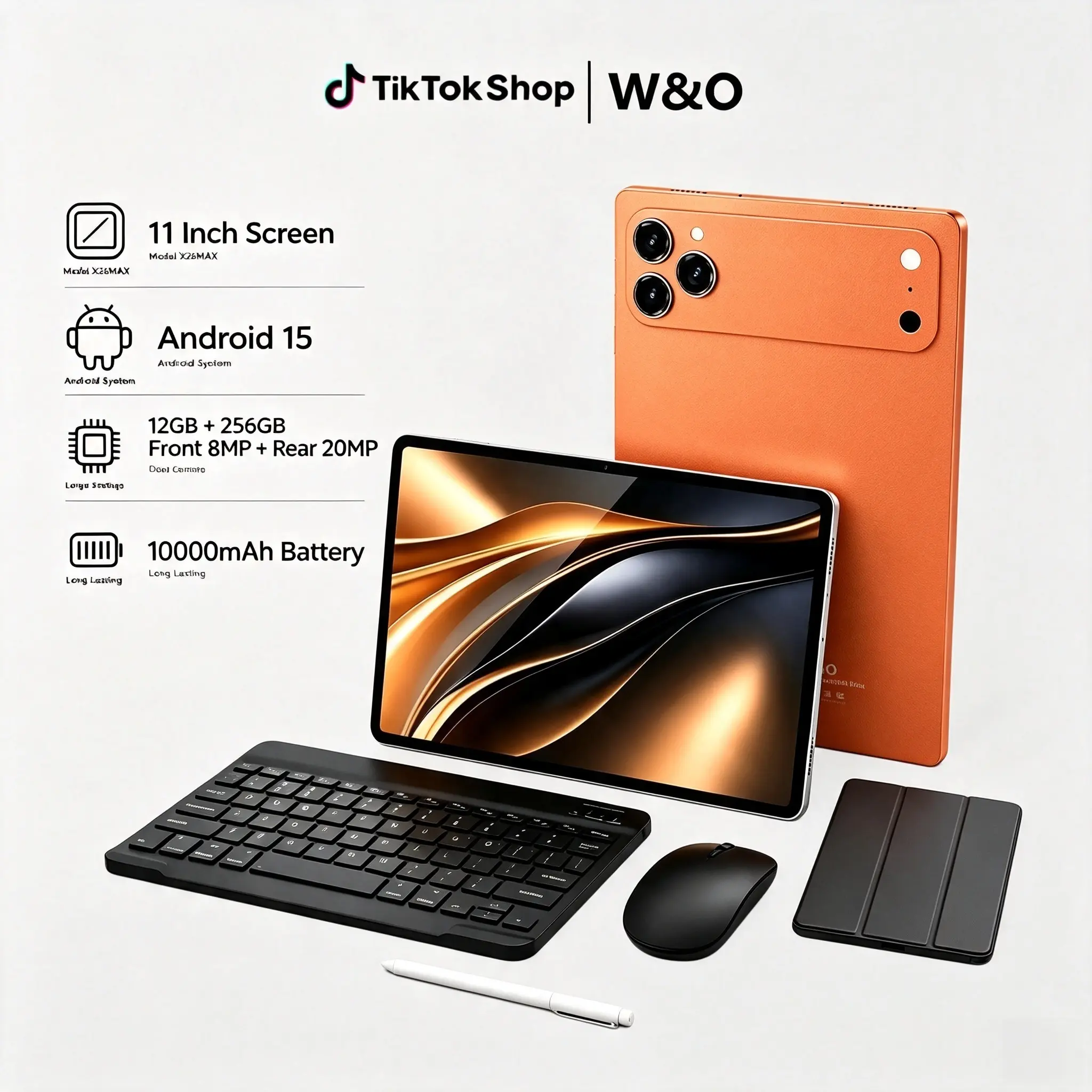 W&O 11-Inch Android 15 Tablet, Phone-Compatible Portable Work Tablet with 12GB RAM, 256GB Expandable Storage, 10000mAh Battery, 5G WiFi, Full Bundle: Keyboard, Mouse, Case, Stylus Pen, Dual Camera – Ideal Back to School Gift
