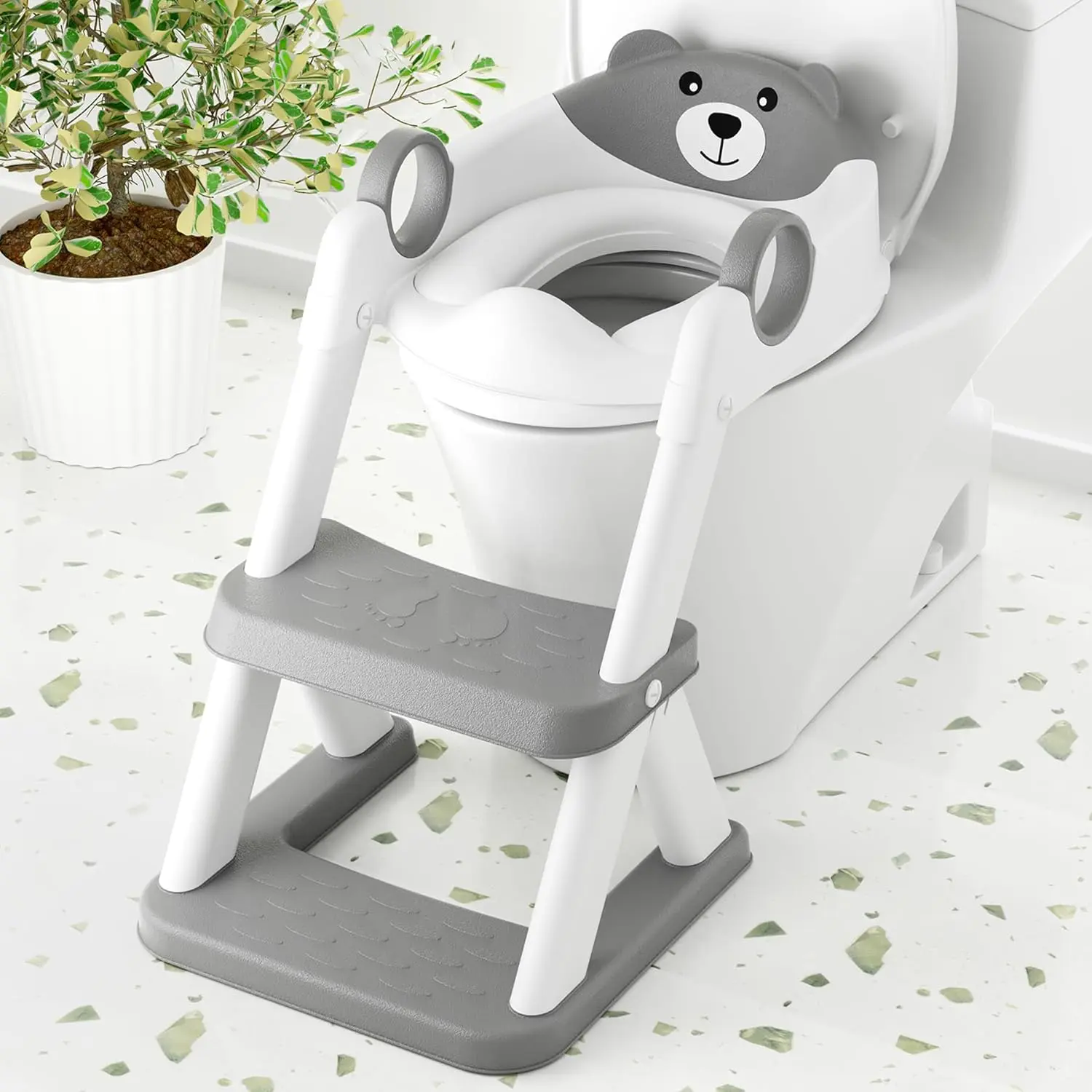 Upgraded Unisex 2-in-1 Potty Trainer for Toddlers - Adjustable Height Non-Slip Step Stool, Waterproof PVC Cushioned Toilet Seat
