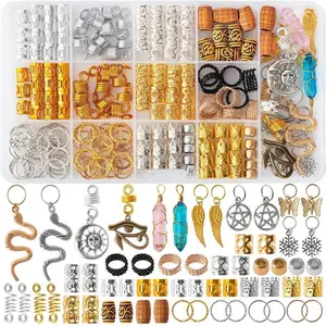200pcsHairBeadsJewelry,DreadlocksGemCrystalCharms,MetalCoilsRings,GoldAndSilverPendants,BraidCuffs,Clips,LocTubeBeadBraidAccessoriesforBraidsDecoration