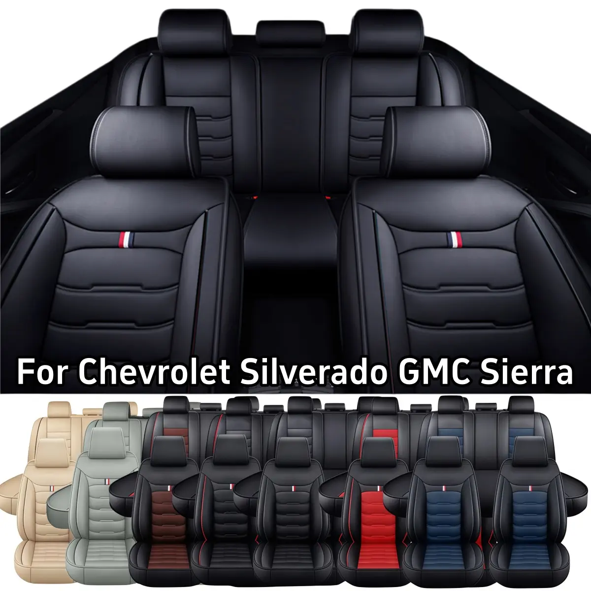 Fits for Chevy Chevrolet Silverado GMC Sierra Pickup 2007-2026 1500 2500HD 3500HD Trail Boss Z71 Crew Double Extended Cab Full Set Car 5 Seat Covers Truck Pickup Waterproof Breathable PU Leather Front Rear Seat Cushion Protector Pad, Vehicle Accessories,,