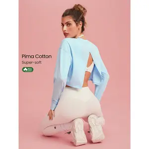 GLOWMODE Pima Cotton  Win Soft Stretchy Breathable Overlapping Back Flap Ribbed Neckline Cuffs Thumbholes Long-Sleeve Crop Top Gym Studio Workout Daily Casual Wear Spring Summer