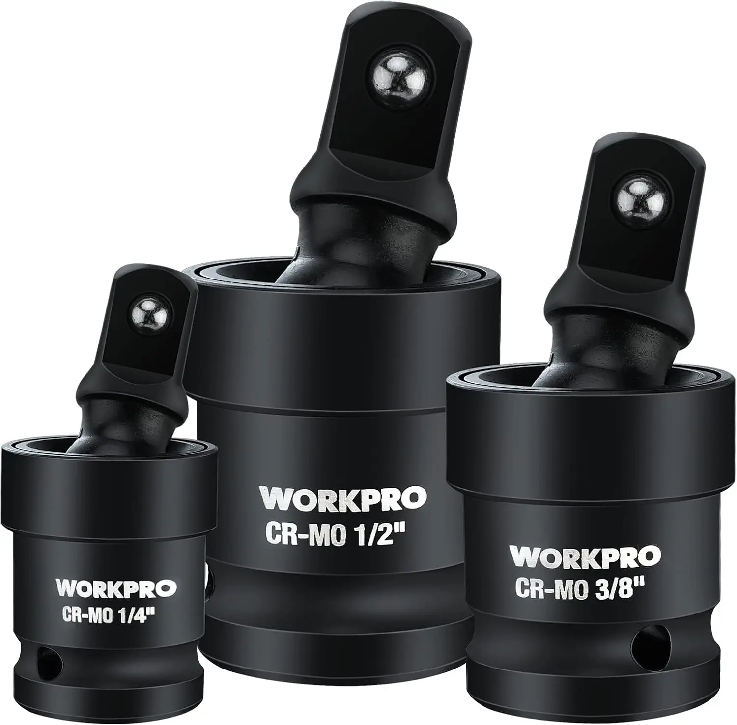 WORKPRO 3-Pack Universal Joint Swivel Socket Set, Cr-Mo Steel, 360° Rotatable, 1/4", 3/8" & 1/2" Drive, Tools for Mechanics