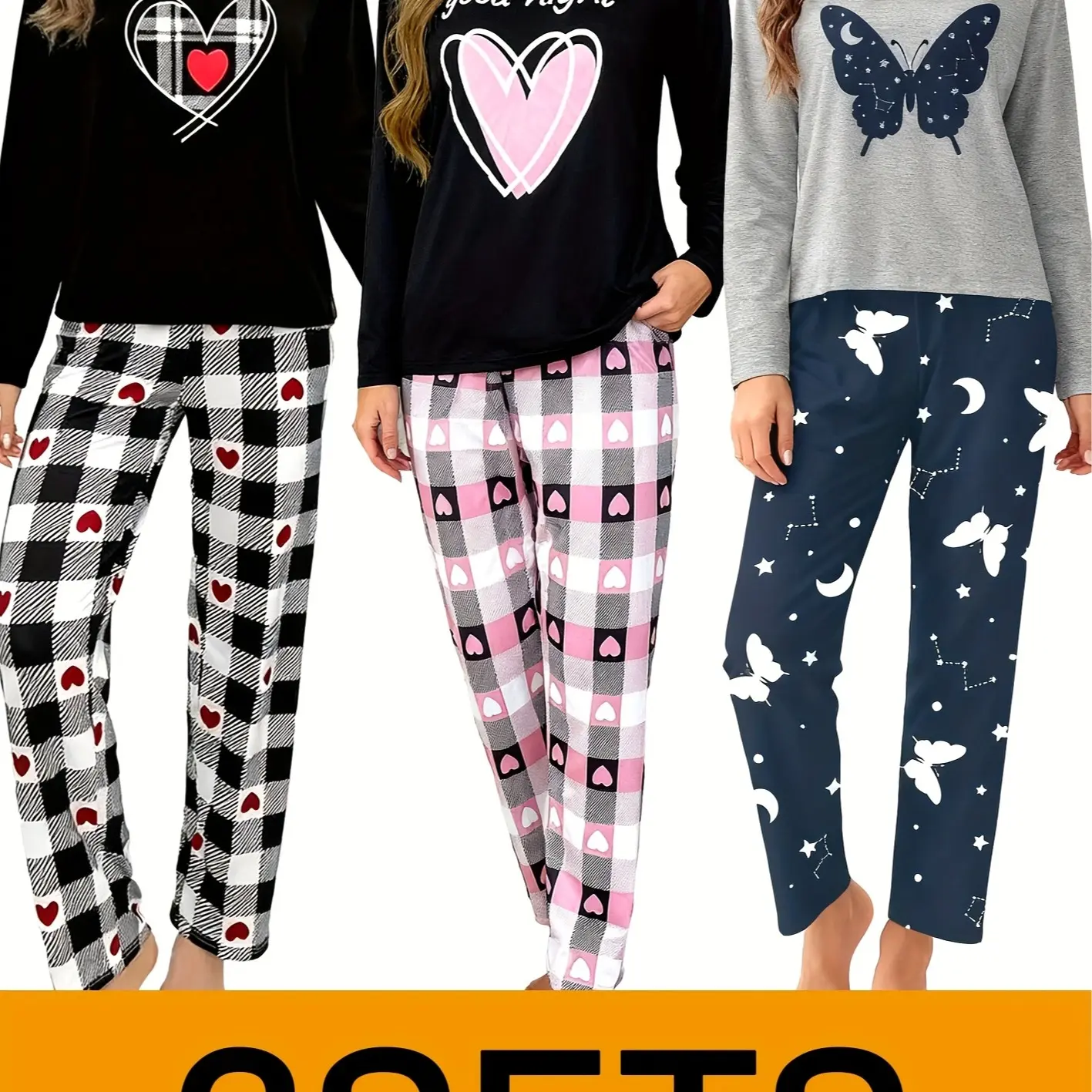 Women's 3-Set Heart-Shaped & Butterfly Pattern Pajama Sets - Casual, Fit, Breathable, Elastic, Stylish Loungewear Suitable for Going Out