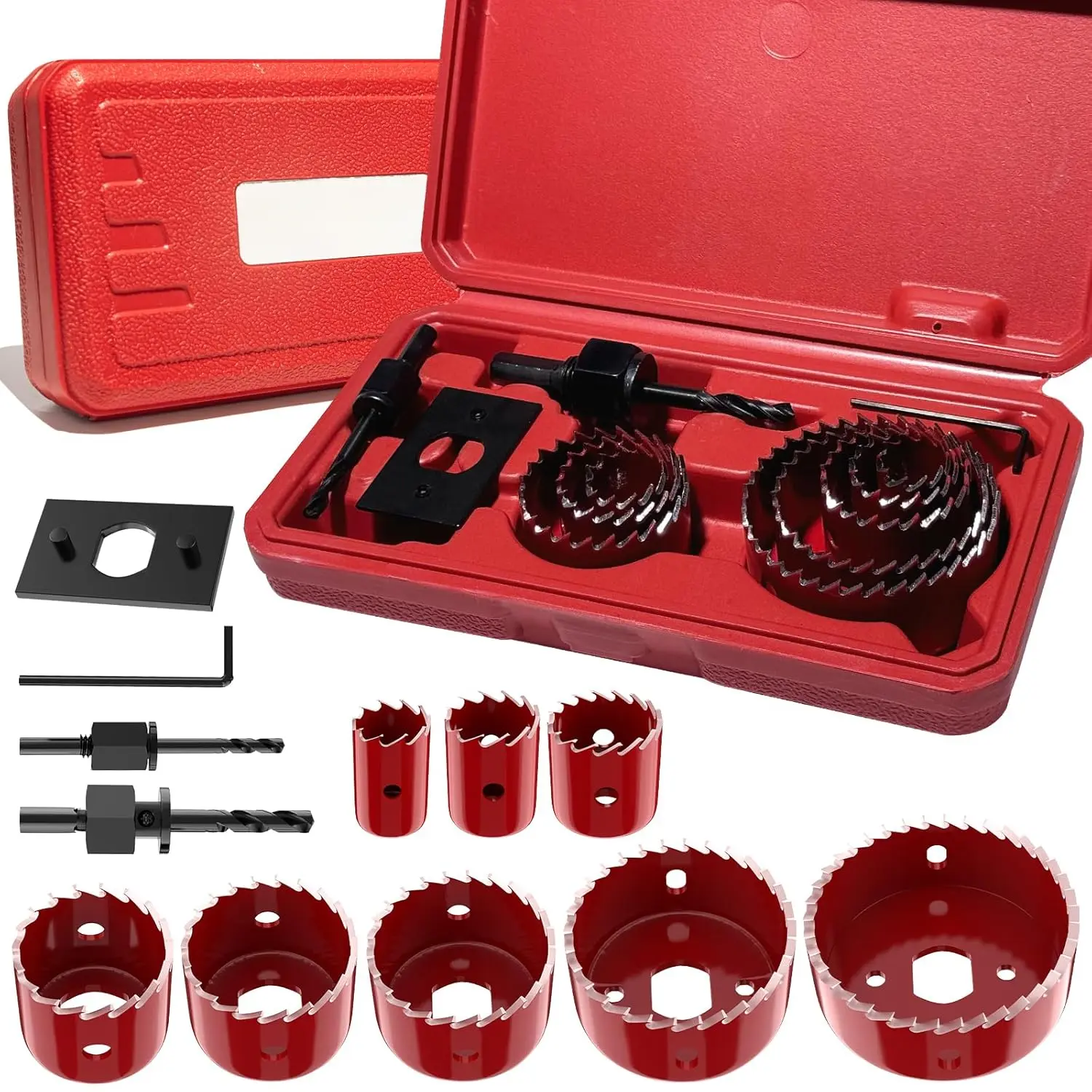 Portable 12-Piece Woodworking Hole Saw Kit, 3/4"-2-1/2" Hole Cutters with Arbors, Drill Bits & Hex Key, for Softwood, Plywood, PVC (Red)