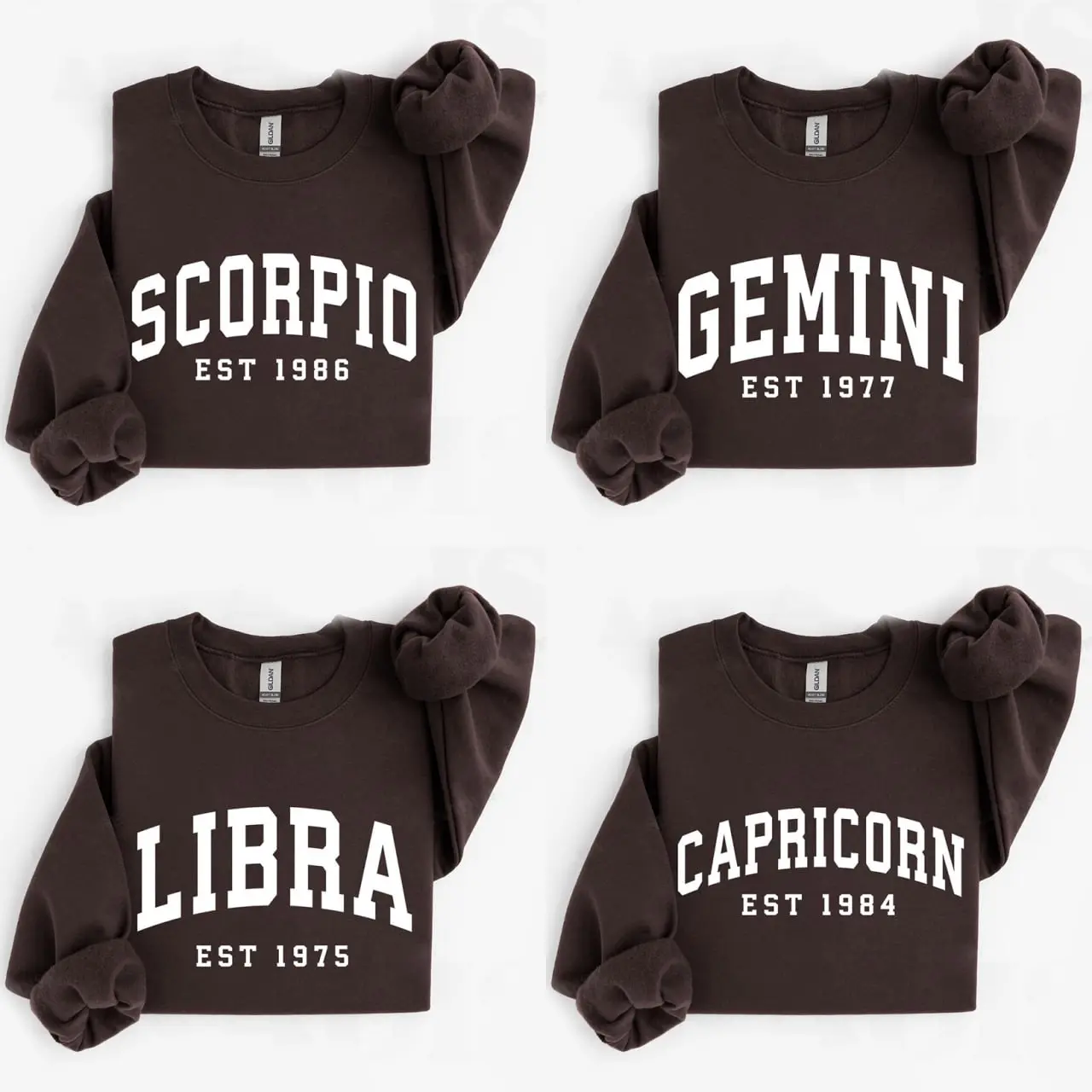 (LEAVE A NOTE OR DM SHOP) Custom Zodiac Sweatshirt with Est Year - Dark Chocolate, Cute Horoscope Astrology Graphic Sweatshirt, Unisex Crewneck Sweatshirt, Personalized Zodiac Energy Gift for Birthday, Star Sign Lovers, Celestial Sweatshirt - AL