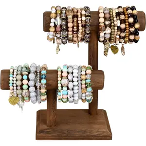 Double Layer Wooden Jewelry Display Stand, Bracelet Watch Necklace Storage Tower, Suitable for Bangles and Hair Ties, Multilayer Storage, Durable Stackable Storage Organizer, Decorative Organizer