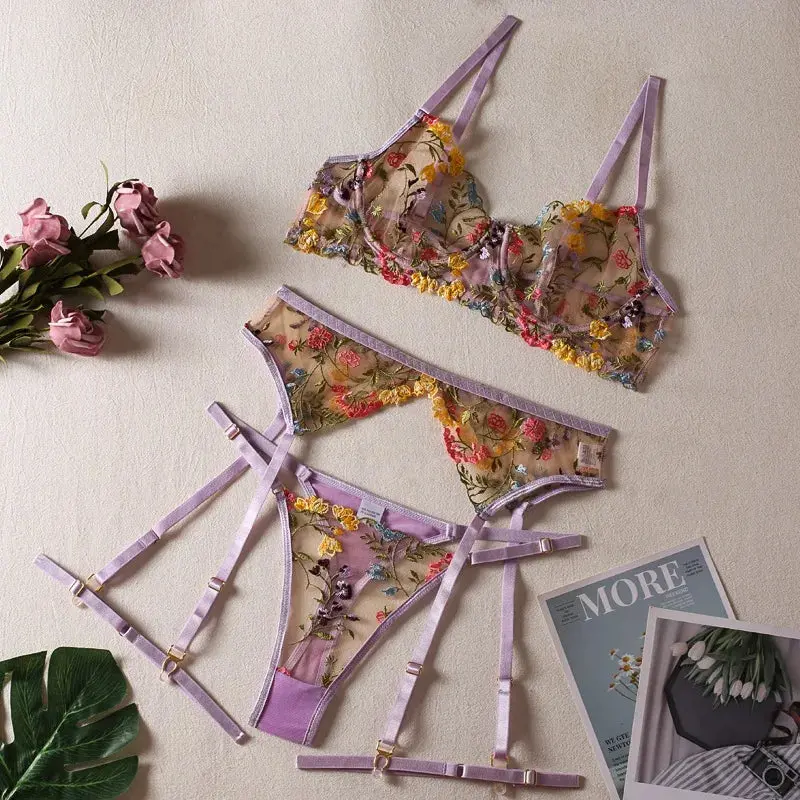 Sexy See-through Yellow Pastoral Floral Bra Garter T-Back Three-Piece Set with Leg Ring Sexy Lingerie Suit