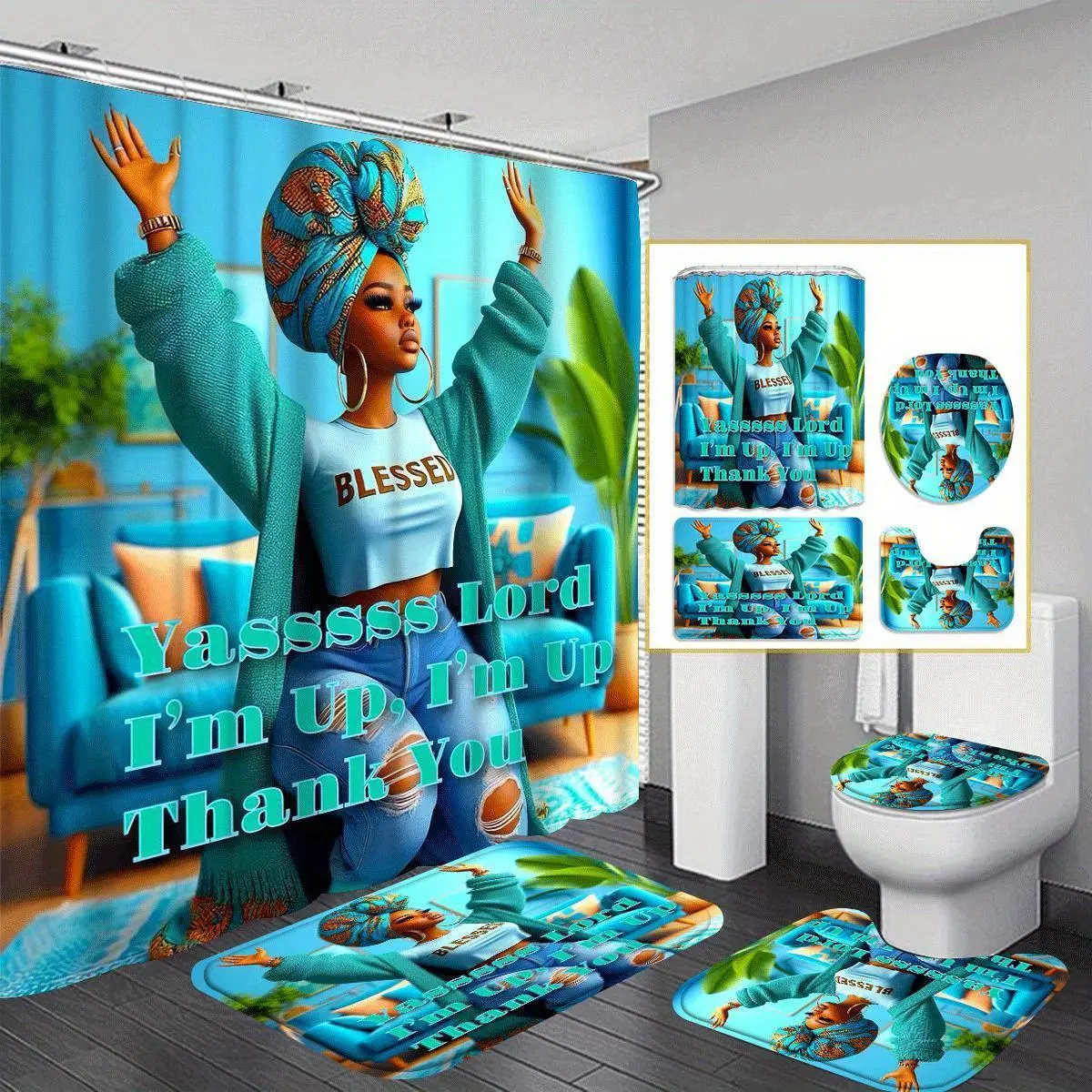 African American Woman Pattern Bathroom Accessories, 4 Counts/set Including Shower Curtain & Toilet U-shape Mat & Bathroom Mat & Toilet Lid Cover, Bathroom Decor Supplies, Bathroom Decoration Accessories, Bathroom Decor And Accessories, Restroom