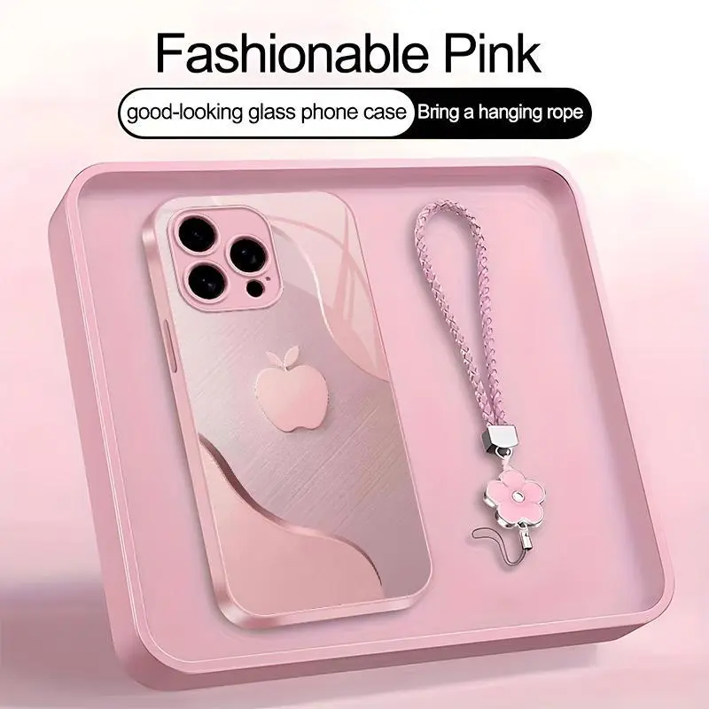 Luxury Faux Brushed Metal Texture Smartphone Case - Glossy Glass Feel 2D Printed Cellphone Casing with Flower Lanyard, Easter Spring Gift for iPhone & Samsung, Mobile Phone Protection Accessories