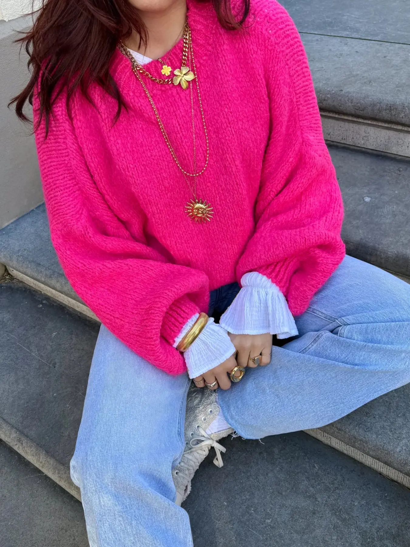 Women's Hot Pink Oversized Sweater, Winter Casual Bright Crew Neck Pullover, Loose Fitting Fuchsia Knit Top