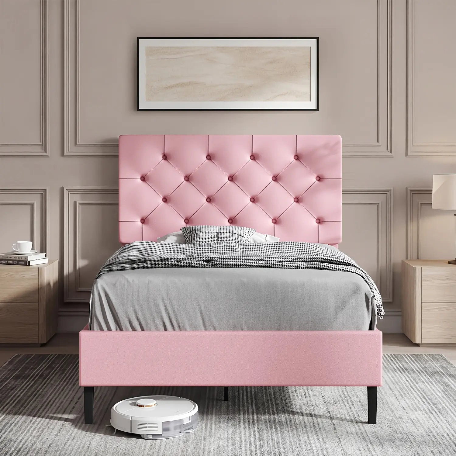 [DealsForYouDays][Summerwins] HOMBCK PU Twin Full Queen Bed Frame with Headboard, Upholstered Platform Bed with Button Tufted Design, No Box Spring Required, Easy Assembly, Twin Bed Frames, Pink summer garden,fathers day gift ideas