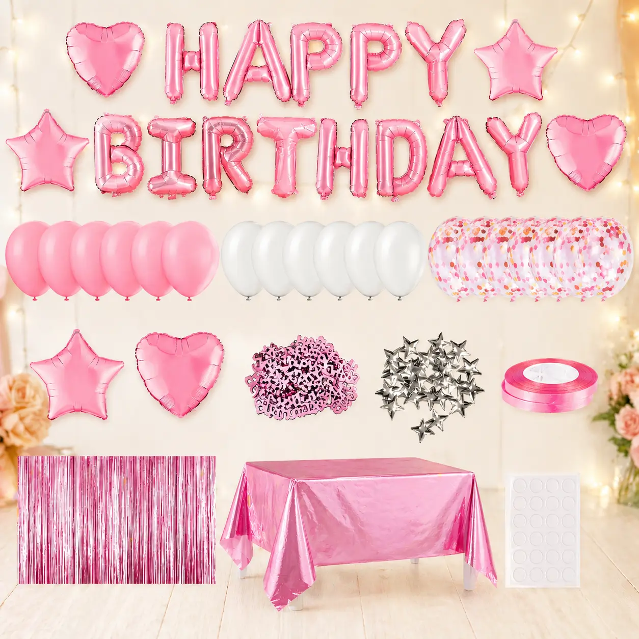 Girls' Pink Birthday Decorations Gift Set - Happy Birthday Banner, Fringe Curtain, Foil Tablecloth, Confetti Balloons, Table Confetti, Wall Photo Backdrop, Party Room Decor