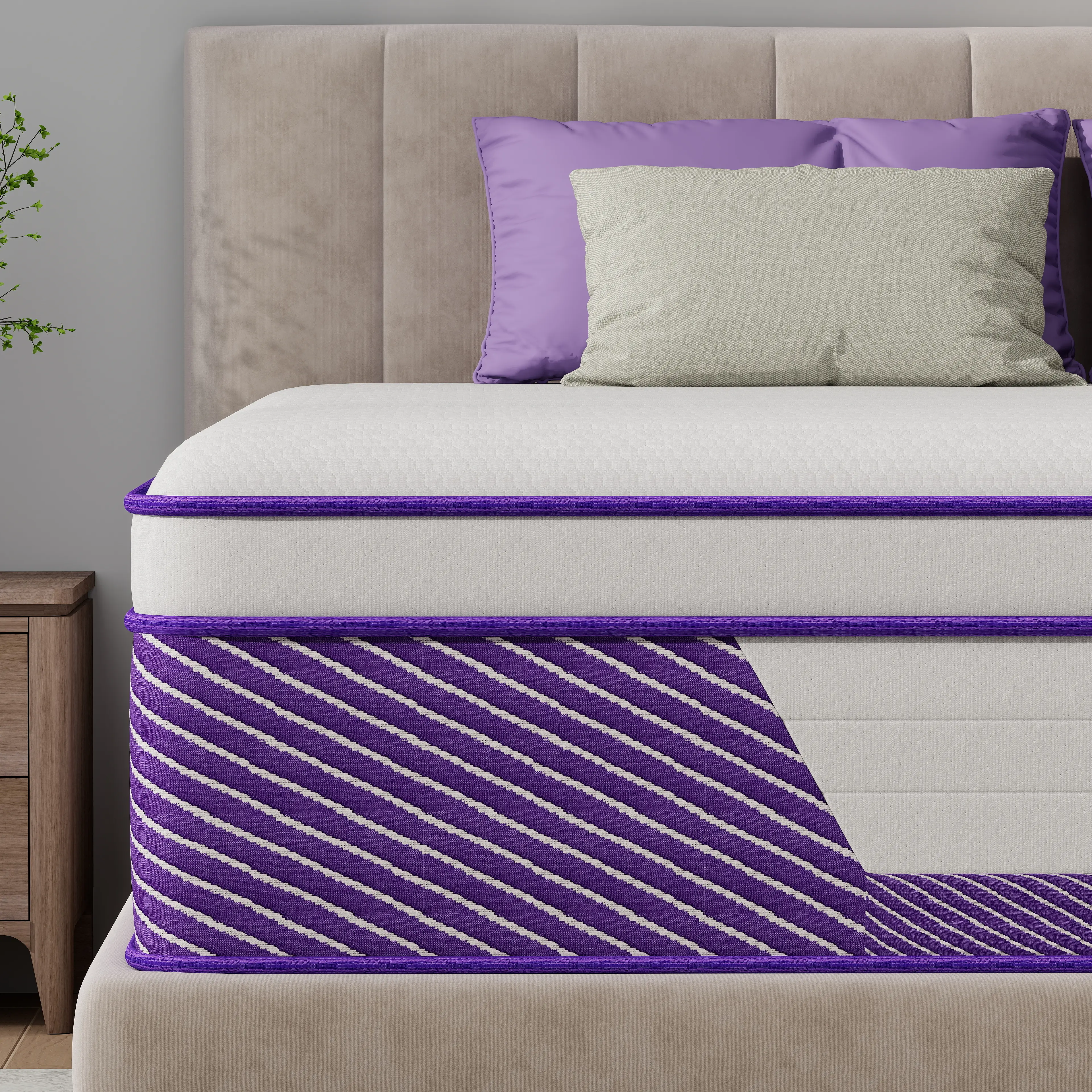 8/12/14 lnch Twin Full Queen King  Hybrid Mattress in a Box, White & Purple Medium Firm Memory Foam & Pocket Spring Mattress with Motion Isolation, Pressure Relief & Edge Support, for Cool Deep Sleep
