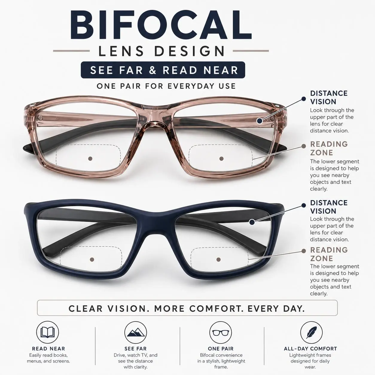 Bifocal Reading Glasses for Men & Women, Lightweight Dual Zone Readers with HD Clear Lenses, 2 Style Everyday Eyeglasses for Reading, Work & Daily Use