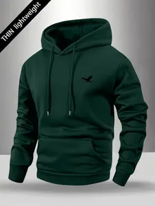 Spring And Autumn Thin Men's Street Fashion Hoodie American Niche Eagle Print Comfortable Stretch Fabric Long Sleeve Pullover Unique Design Solid Color Hooded Sports Jacket With Drawstring Hood And Kangaroo Pocket Suitable For Autumn Winter Street Fashion