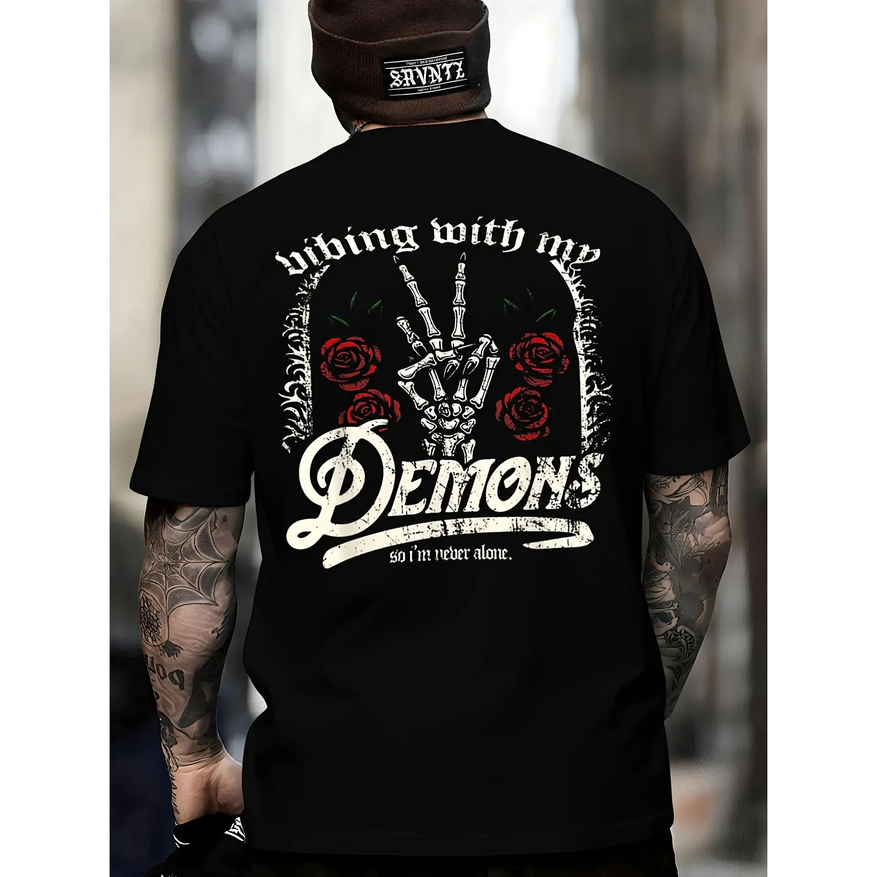 Men's Rock-Inspired Gothic Graphic T-Shirt, Heavyweight 100% Cotton with Skull & Rose Print, Loose Fit Casual Crew Neck, Men's T Shirts, Goth Men's Short-Sleeve T-Shirts