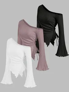 New Fashion Elegant Solid Color Women's Fitted Long Sleeve T-Shirt Set, Autumn Winter Ladies' Clothing, Three-Piece Casual Wear, Stylish and Comfortable