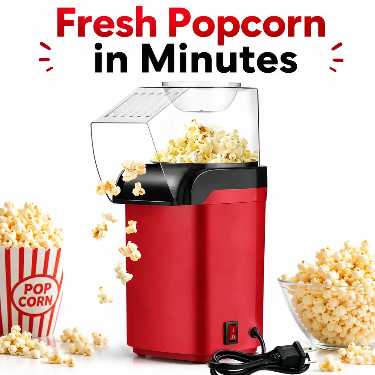 Popcorn Machine,Air Popper Popcorn Maker,Oil-Free,3-Min Fast | Electric Oil-Free Hot Air Popper,3-Minute Fast Popping & Easy Clean,Healthy Snack Maker,for Movie Nights,Party