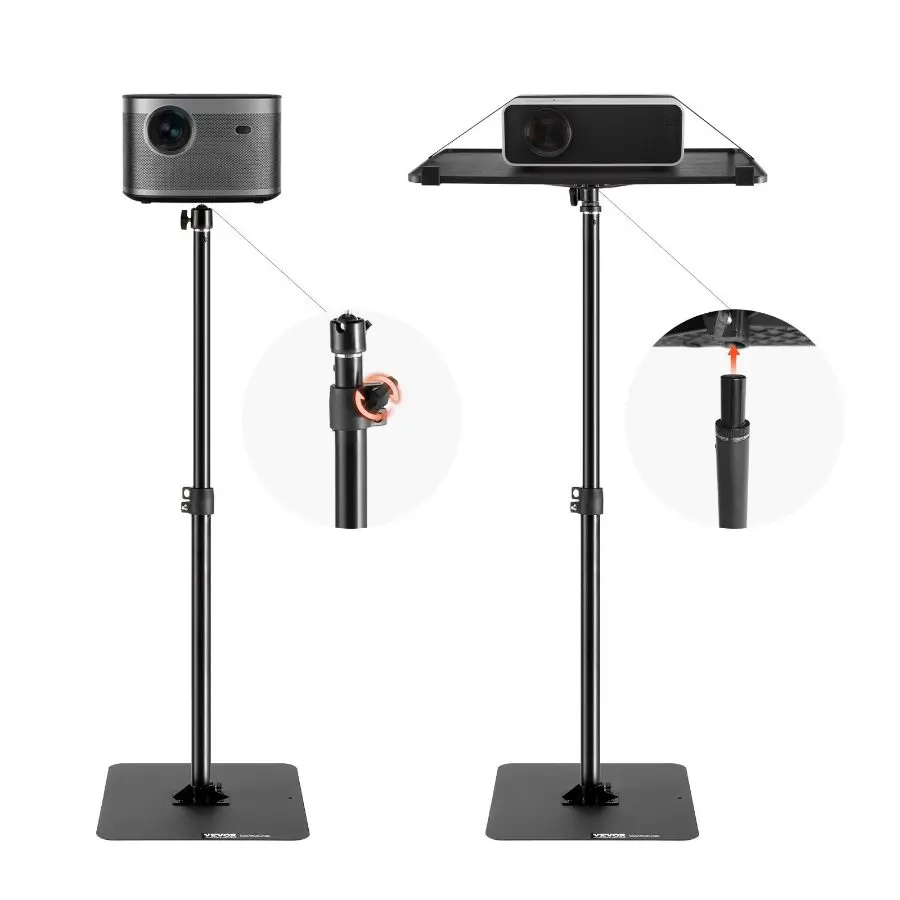 【Summerfinds】Father's Day Gift Height-Adjustable Projector Floor Stand Trolley - 30.3-63.4 in Range, 360-Degree Horizontal Rotation Cart with Gimbal Mount or Tray Support, for Office, Studio & Outdoor Movies, Tech Accessories Included