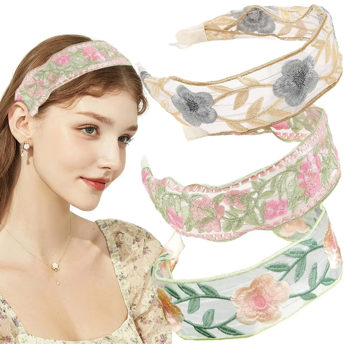 Girls Floral Embroidered Headbands 3pcs New Chinese Style Wide Knotted Hairbands Ethnic Floral Fabric Soft Elastic Non Slip Headwear for Kids Toddlers Daily Party School Hair Accessories