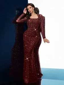 Evening Gown for Women Hot Drill-Encrusted Formal Dress Burgundy Long Sleeve Mermaid Silhouette Perfect for Banquets Formal Events & Cocktail Parties