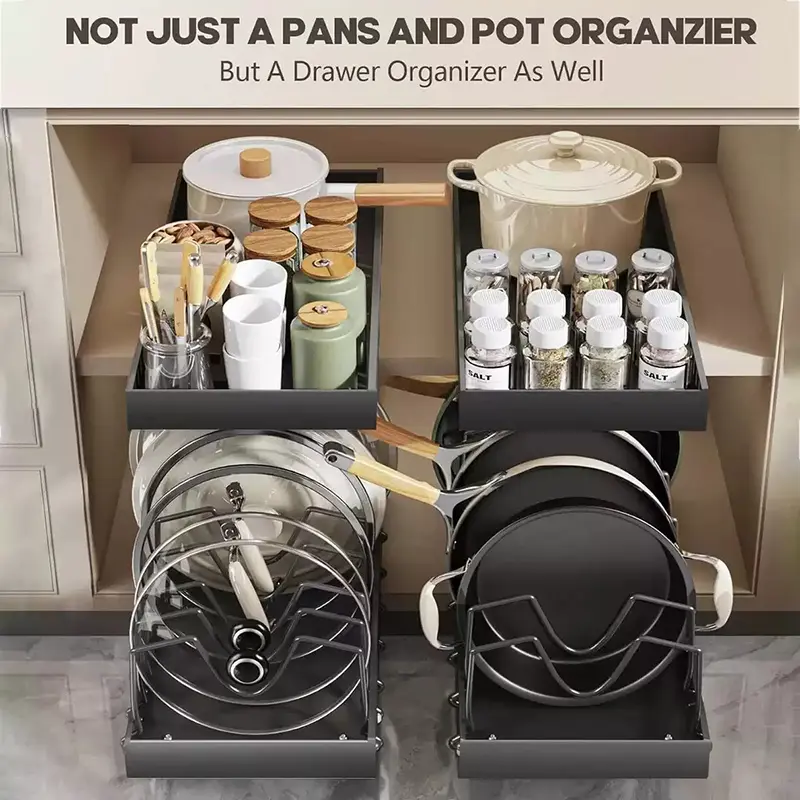 2pcs 7-Tier Adjustable Carbon Steel Kitchen Cabinet Rack Insert Organiser - Anti-Punching, Durable, Easy to Install, High Weight Carrying Capacity, Supports Heavier Pans, Cookware Storage, Fits Different Pots & Pans, Ideal Kitchenware Gift, Storage Organi