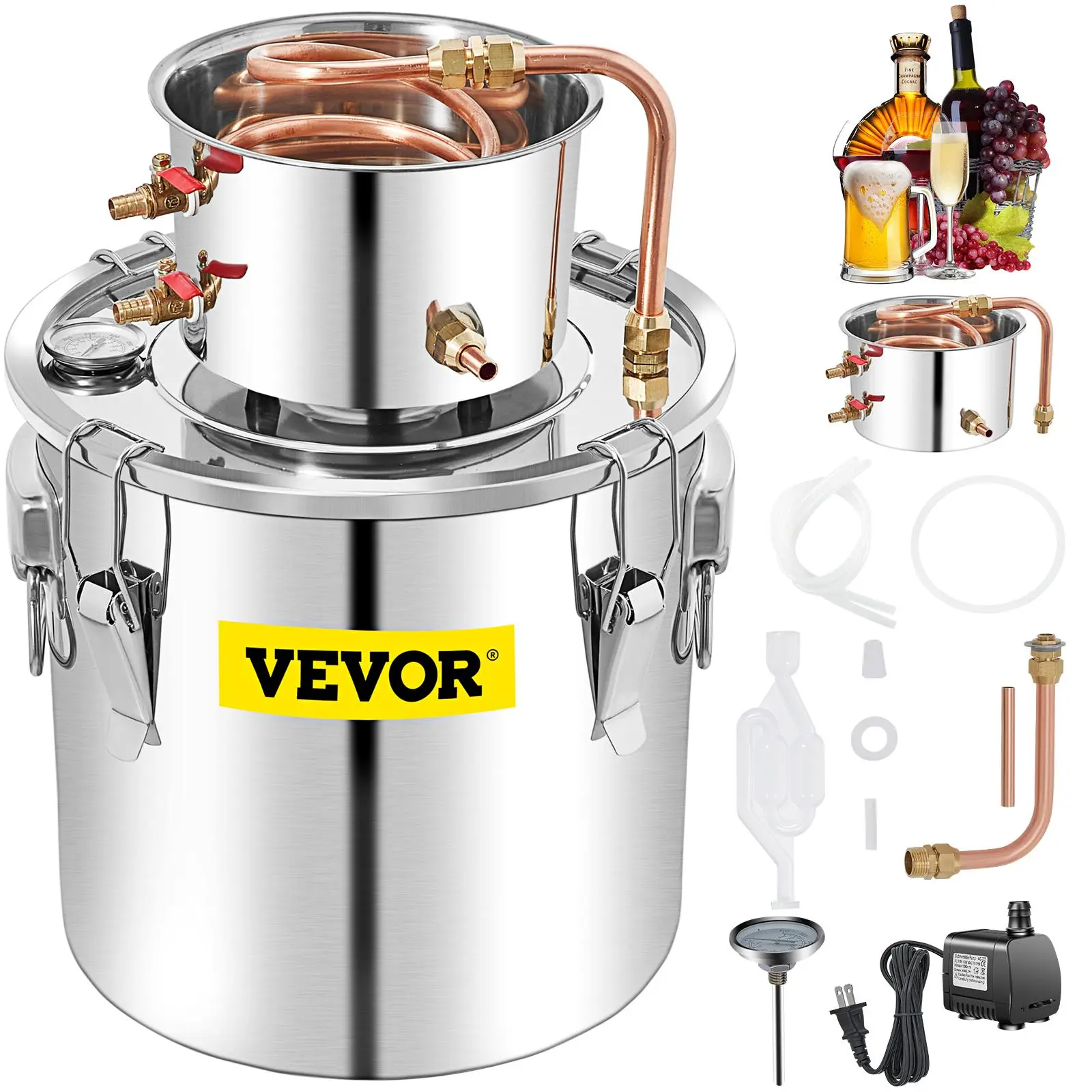 【Summerfinds】VEVOR Water Wine Still Max 13.2Gal/50L, Wine Distiller with Circulating Pump, Wine Still Copper Tube, Whiskey Distilling Kit with Build-In Thermometer, Whiskey Making Kit for DIY , Stainless Steel