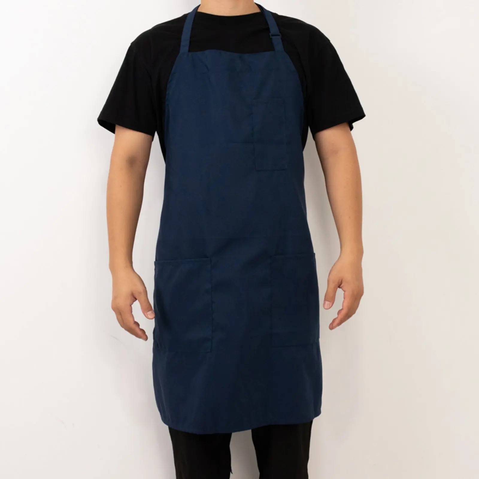 Unisex Navy Blue Premium Polyester Solid Color Cooking Chef Bib Apron - Adjustable Neck, Long Ties, Waterdrop Resistant, 2 Pockets, Daily All Purpose Apron for Gardening, Solid Color Apron