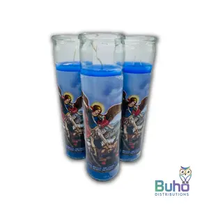 Saint Michael 8" Full Label-Blue | San Miguel Arcangel-Azul| Set of 3 Religious 8” Candles| Búho Distribution