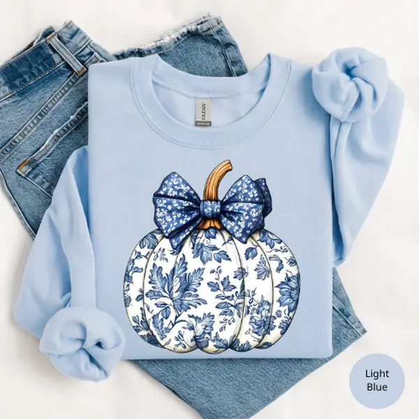 Chinoiserie Pumpkin Sweatshirt or T-Shirt, Blue Floral Pumpkin Coquette Graphic Tee, Elegant Fall Thanksgiving Shirt