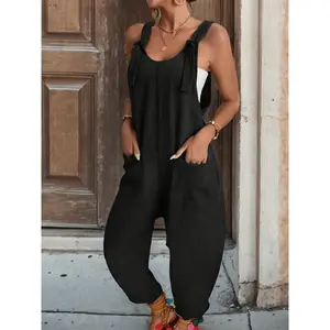 Women's Sleeveless Black Jumpsuit with Pockets, Loose Casual Cropped Overall Romper for Summer Vacation Outfits