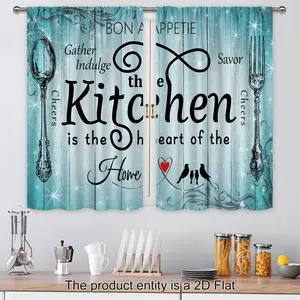 2pcs Rustic Farmhouse Kitchen Curtains with Shiny Stars & Utensil Motifs - Teal Blue & Turquoise Rod Pocket Curtains, 100% Polyester Light Filtering Machine Washable for Kitchen, Living Room, Bedroom, Cafe Decor ruffle boho space
