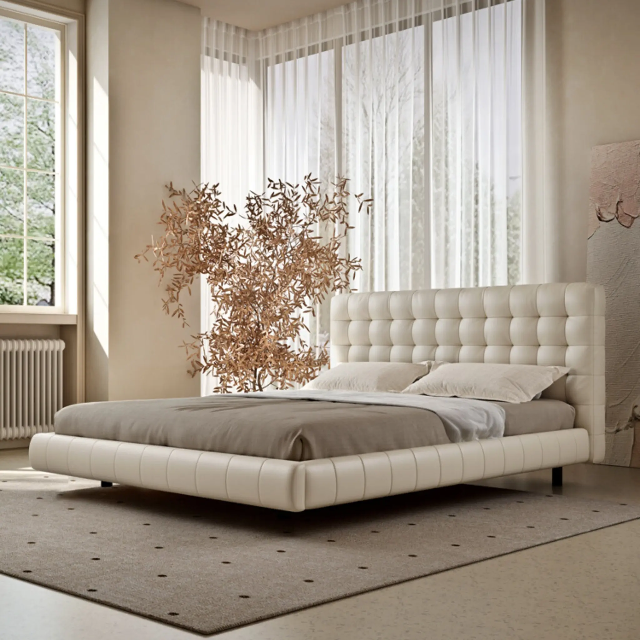 Luxury Leather Upholstered Bed Frame with Tufted Headboard