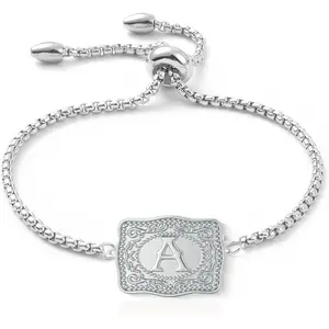 Belt Buckle Bracelet with Initial Silver Western Cow Tag Bracelet Adjustable Mini Initial Letter A-Z Bracelets Western Cowboy Personalized Jewelry for Women