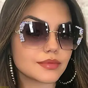 Women's Sunglasses, Oversized Semi-Rimless Pink Metal Frame, Gradient Square Lenses, Chic Lightweight Blue Light Blocking Eyewear, Womens Sunglasses
