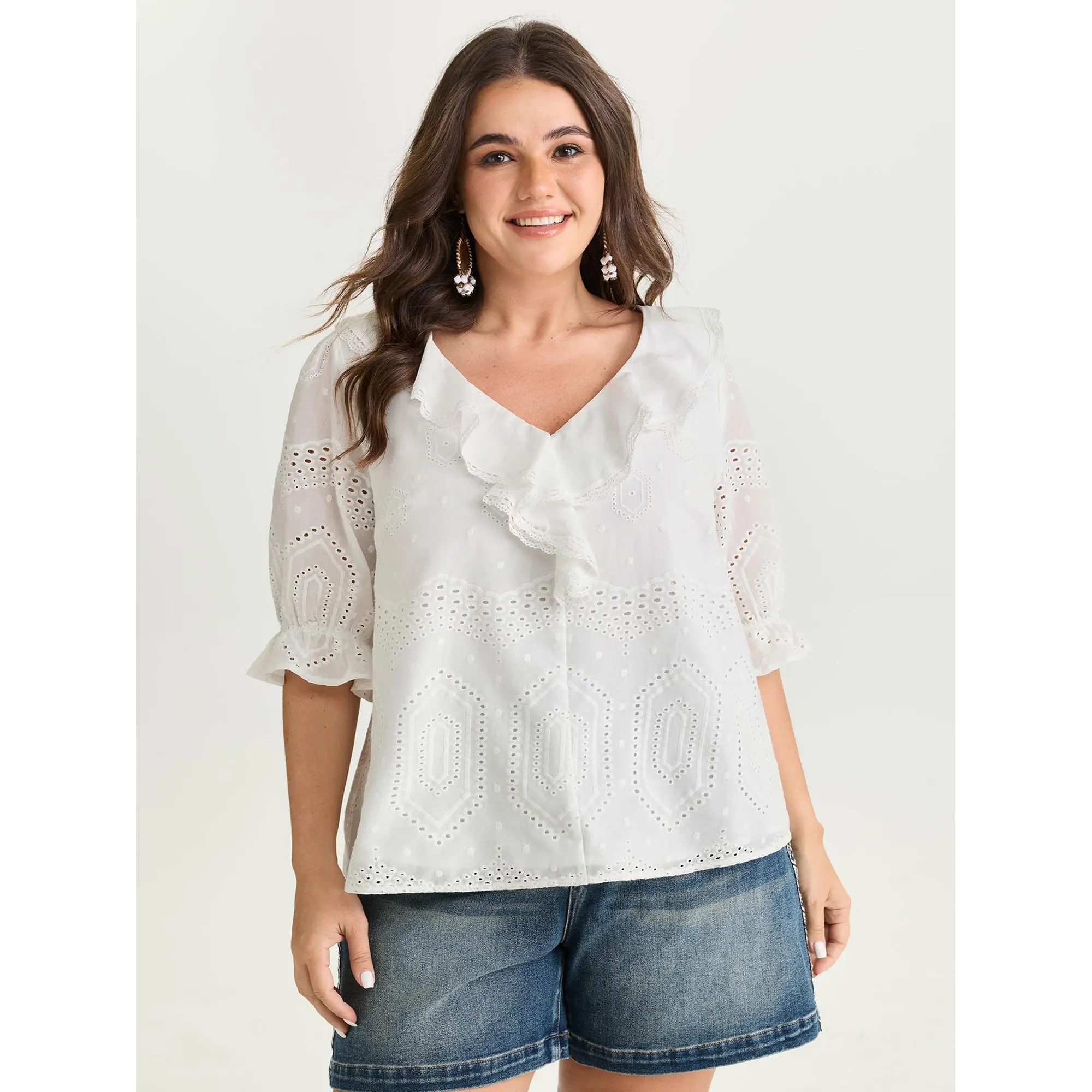 BloomChic Women's Plus Size Everyday Boho Blouse, Solid V-Neck with Embroidered Cut-Outs and Ruffled 3/4 Sleeves in Cotton Rayon Fabric, Smooth, Breathable, Basic, Simple, Comfy, Soft, Shirts, Comfy Casual, Minimalist, Embroidery, Breathable Flow, Chic Cu
