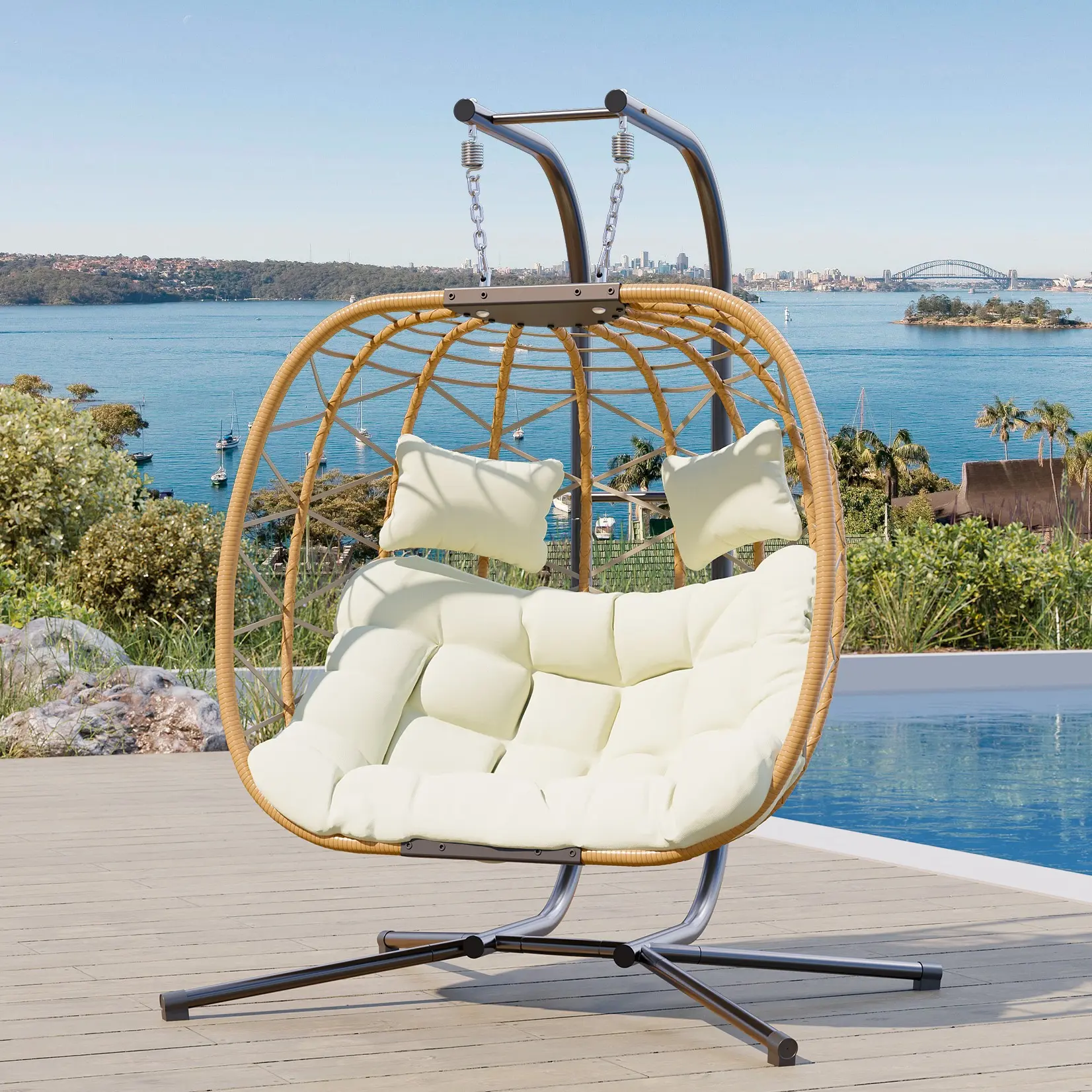 RIWENGO Egg Swing Chair with Stand- 350/700 lbs Weight Capacity, Outdoor Indoor Wicker Rattan Hanging Egg Chair with Cushion, Porch Swing Patio Furniture